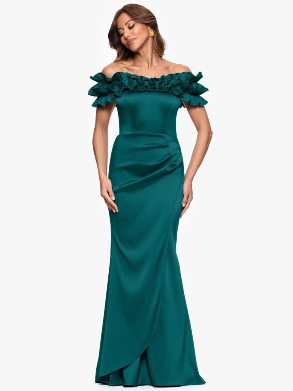 Xscape Hunter Green Off The Shoulder Ruffle Taffeta Gown